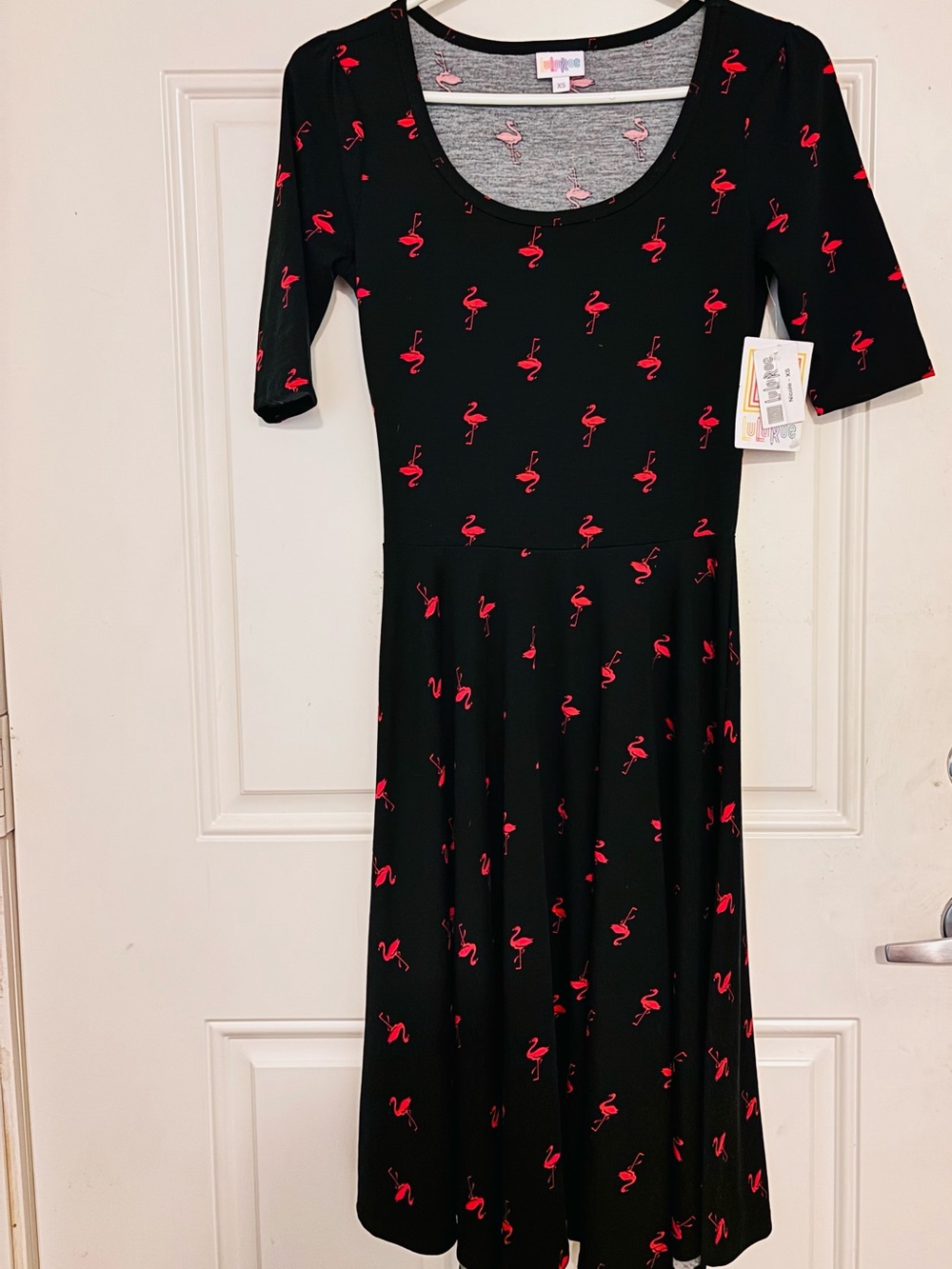 LuLaRoe Black Midi Dress with Pink Flamingo Print